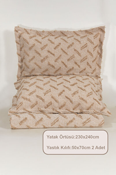 Elart Liya Yatak Örtüsü Takımı Çift Kişilik Pamuklu İskandinav Püsküllü 3 Parça (230x250 cm) Bej