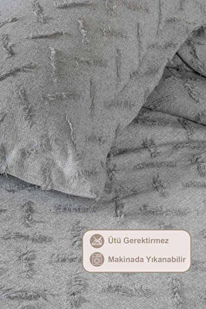 Elart Liya Yatak Örtüsü Takımı Çift Kişilik Pamuklu İskandinav Püsküllü 3 Parça (230x250 cm) Gri