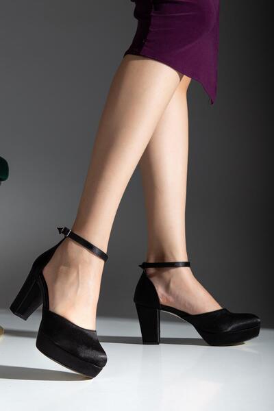 ALPELLİByAlp Women's Black Satin Ankle Strap Closed Toe Running Guaranteed Platform Heeled Evening Dress Shoes