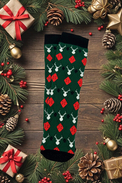 Sofist İstanbul Christmas Themed Cotton Terry Socks Soft Deer Pattern Christmas Stocking in Special Gift Bag