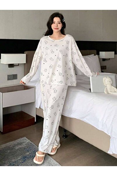 MEYLİYA Women's Long Sleeve Single Jersey Combed Cotton Pajama Set White Mini Bear Printed Pony