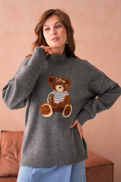 Noi Belis Oversized Teddy Bear Detailed Mock Neck Knitwear Sweater Aw25Kz0091