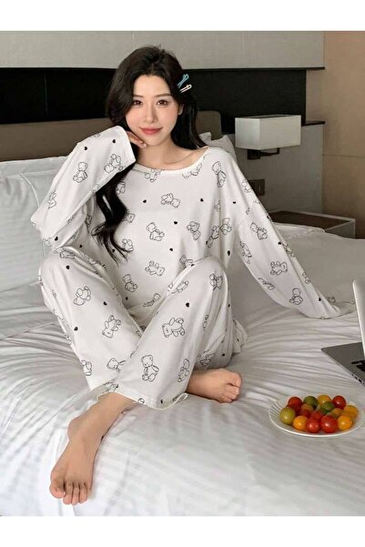 MEYLİYA Women's Long Sleeve Single Jersey Combed Cotton Pajama Set White Mini Bear Printed Pony