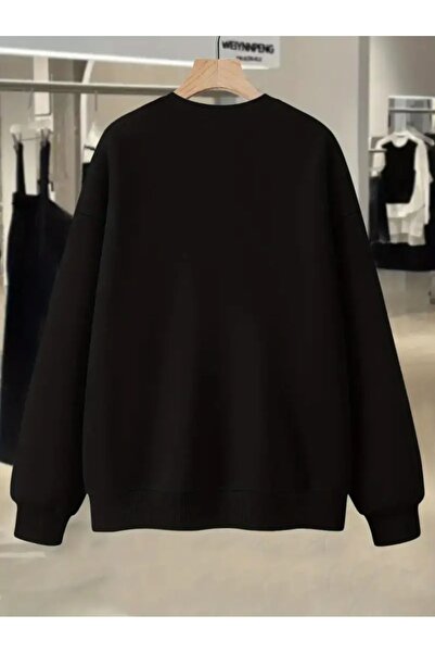 PALPİTO Women's Black Ho Ho Ho Christmas Printed Crew Neck Oversized Sweatshirt