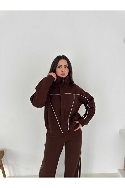 MİHRİZAR Oversized V Piped Detail Zippered Wide Leg Women's Three Thread Tracksuit Set