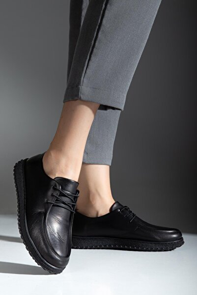 ALPELLİByAlp Women's Black Genuine Leather Soft Design Orthopedic Lightweight Oxford Casual Shoes