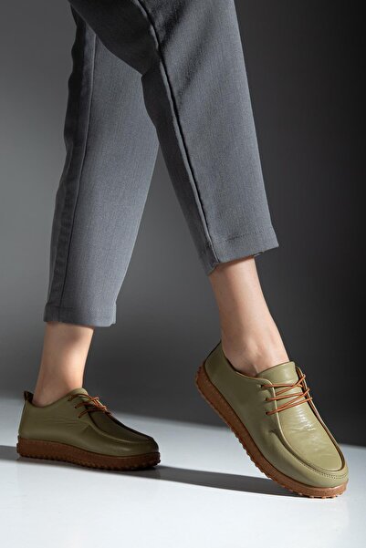 ALPELLİByAlp Women's Khaki Green Genuine Leather Soft Design Orthopedic Lightweight Oxford Casual Shoes