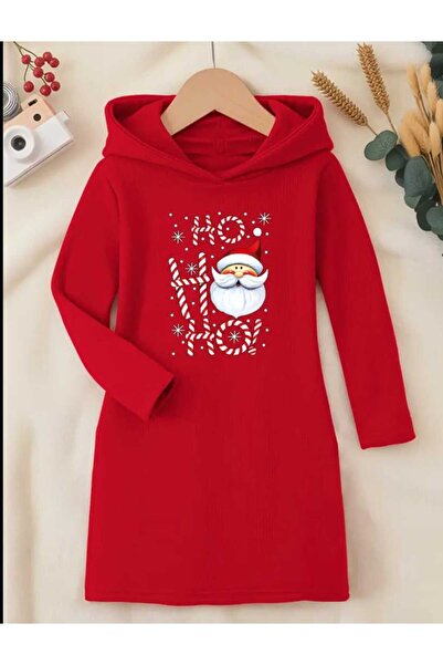 BEBEĞİME ÇORAP New Year Christmas Printed Hooded Girls' Dress