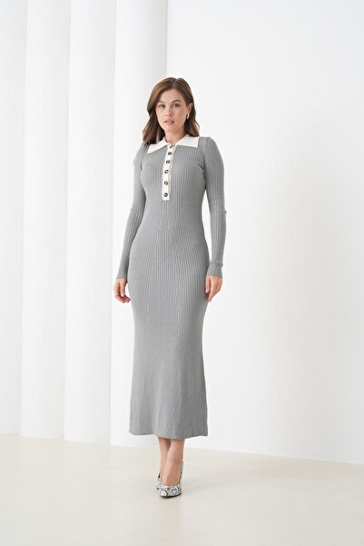 Noi Belis Maxi Boy Half Placket Button Polo Neck Knitwear Dress Aw25El0024