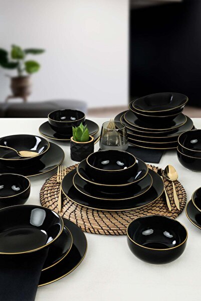 Asi Home Ty Black 24-Piece Ceramic Dinnerware Set, Black/Gold