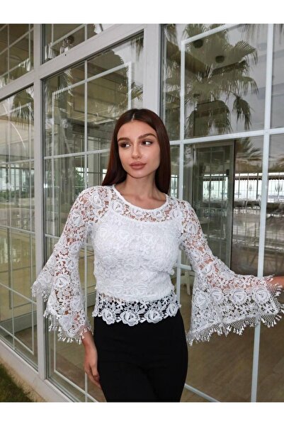 aytenli Round Neck Half Spanish Sleeve Lace-Up Back Zipper Suspender Innercrop Guipure Blouse Two-Piece Crispset