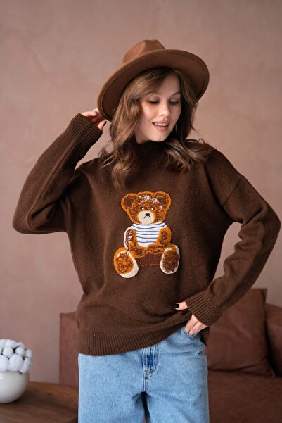 Noi Belis Oversized Teddy Bear Detailed Mock Neck Knitwear Sweater Aw25Kz0091
