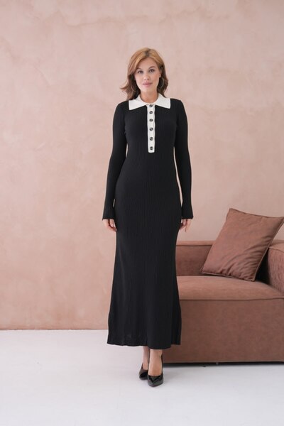 Noi Belis Maxi Boy Half Placket Button Polo Neck Knitwear Dress Aw25El0024