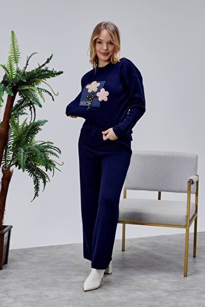 Jinx Wear Fashion Jeans Applique Pearl Detail 2 Piece Acrylic Women's Knitwear Set