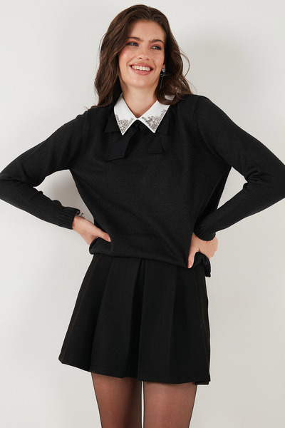 Lela Premium Regular Fit Shirt Collar Soft Textured Bow Detailed Stone Pullover Sweater 680Kz0003