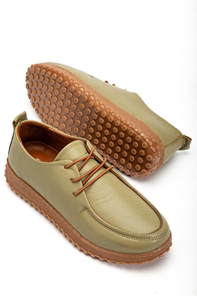 ALPELLİByAlp Women's Khaki Green Genuine Leather Soft Design Orthopedic Lightweight Oxford Casual Shoes