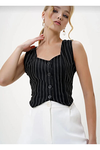 ZENGEZUR MALL Drnds Striped Crepe Buttoned Vest Black S3395 (03548) (Size: S)