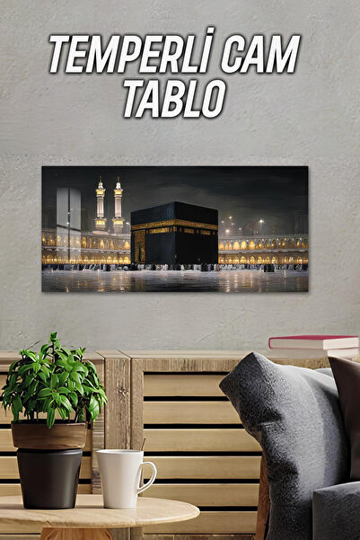 kutuTR 3D Görünümlü Temperli Cam Tablo – Kâbe Gece Işıklı Manzara UV Baskı 60x30 cm - TVD024
