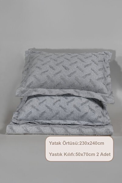 Elart Liya Yatak Örtüsü Takımı Çift Kişilik Pamuklu İskandinav Püsküllü 3 Parça (230x250 cm) Gri