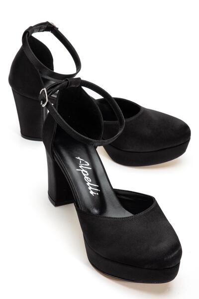 ALPELLİByAlp Women's Black Satin Ankle Strap Closed Toe Running Guaranteed Platform Heeled Evening Dress Shoes