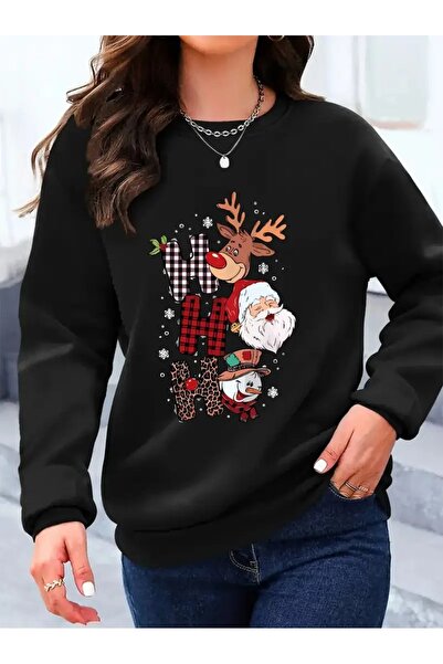 PALPİTO Women's Black Ho Ho Ho Christmas Printed Crew Neck Oversized Sweatshirt