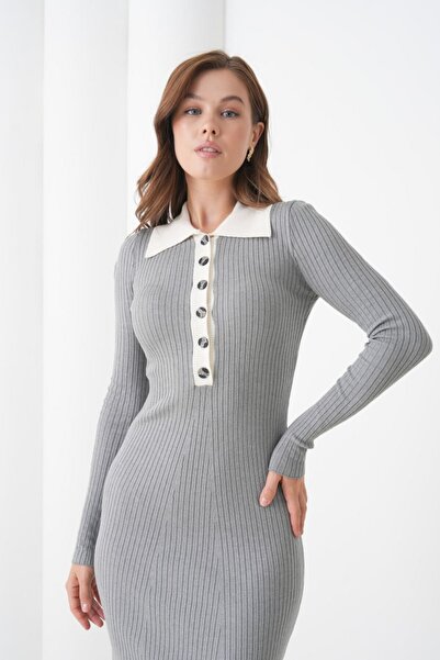 Noi Belis Maxi Boy Half Placket Button Polo Neck Knitwear Dress Aw25El0024