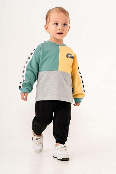 Magu Boys' Cotton Green-Yellow Colorblock Striped Sweatshirt & Black Tracksuit Set