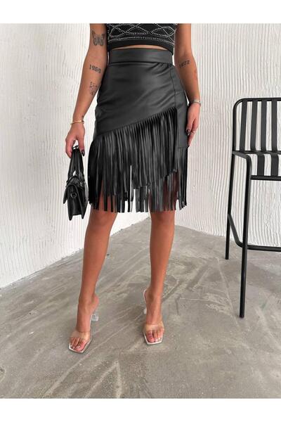 aytenli Style Asymmetrical Knee Length Tassels Back Zipper Inside Fleece-Lined High Waist Faux Leather Skirt