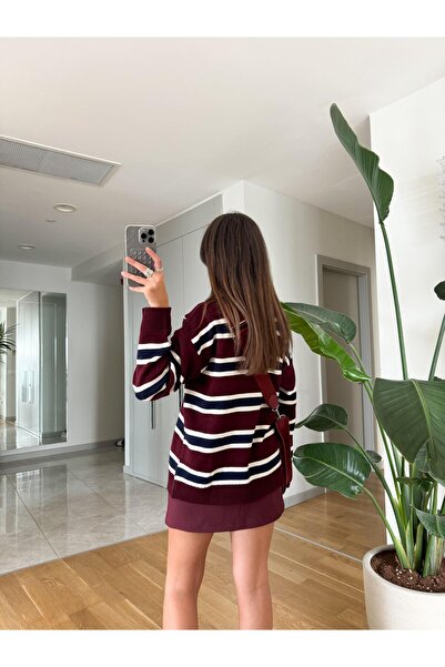 Narstorm Women's Polo Neck Burgundy-Cream Striped Sweater