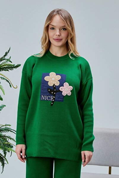 Jinx Wear Fashion Jeans Applique Pearl Detail 2 Piece Acrylic Women's Knitwear Set