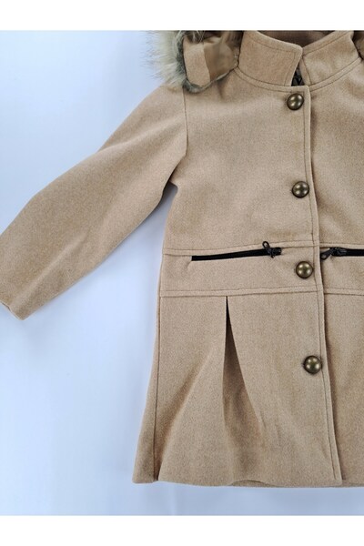 Butik Girl's Cashmere Coat with Lining Premium Quality Hooded Buttons Detail (Detachable Hood)