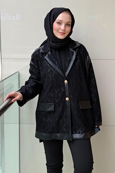 Ghisa Double-Breasted Collar Baklava Pattern Leather Combination Jacket