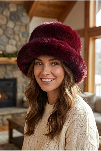 Kapin Bordo Suni Kürk Peluş Kalpak Şapka