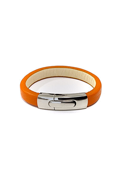 Herşey Nota Lightning Amber Orange Genuine Leather Steel Men's Bracelet-20