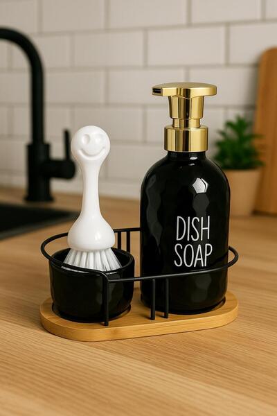 BUENOS Bambu Metal Standlı Yıkama Fırçalı Siyah Mutfak Sıvı Sabunluk