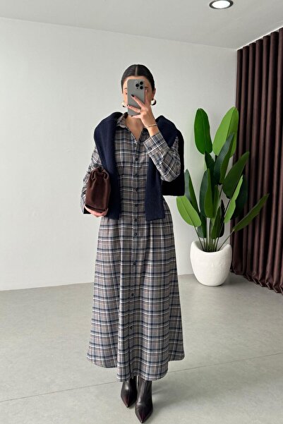 ECEMİ Karpen Mavi Belden Oturtmalı Ekoseli Elbise