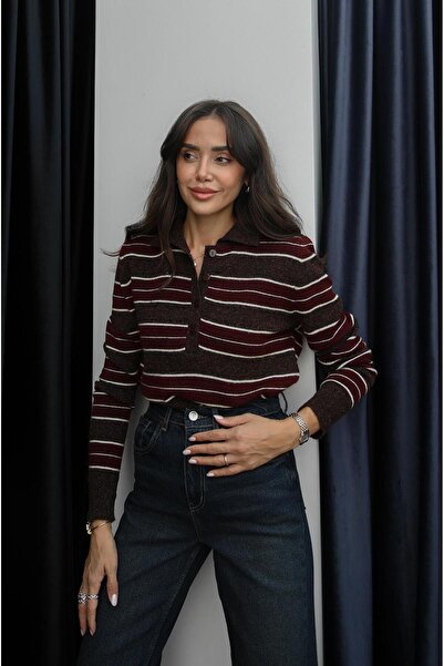Havoş Burgundy Nancy Striped Polo Neck Sweater