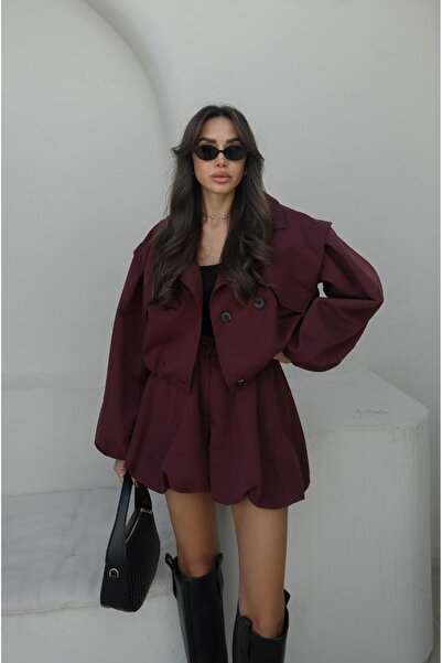 Havoş Burgundy Balloon Shorts Trench Coat Set