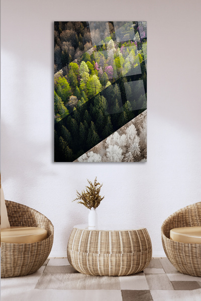 TAULART Tablou din sticlă cu vedere la pădure în patru anotimpuri – Tablou decorativ modern cu natură Tablou din sticlă indestructibil