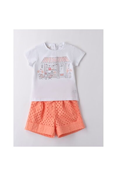Sarabanda girls set - white t-shirt with pastry print and embroidered orange/white shorts, 3 years