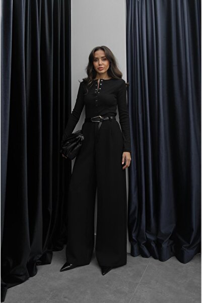 Havoş Black Wide Leg Belted Trousers