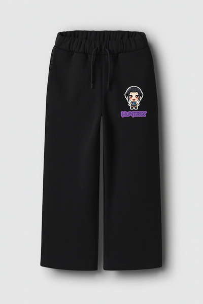 fasardi Kpop Demon Hunters Huntrix Zoey Printed 3 Thread Girls' Black Wide Leg Sweatpants - Comfortable