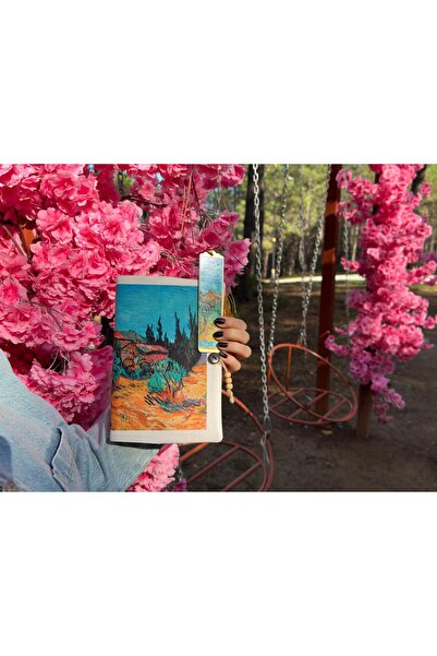 Sanatsal Tablo Temalı El Yapımı Kumaş Kitap Kılıfı ve Kitap Ayracı