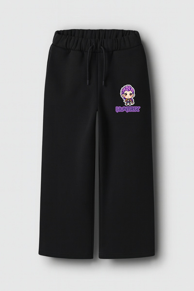 fasardi K-Pop Demon Hunters Huntrix Rumi Printed 3 Thread Girls' Black Wide-Leg Sweatpants – Comfortable