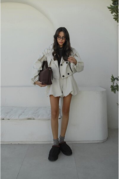 Havoş Stone Color Balloon Shorts Trench Coat Set
