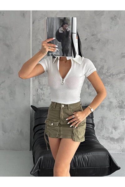 ZENGEZUR MALL Drnds Ribbed Knit Collar Zipper Blouse White (04735) (Size: S)