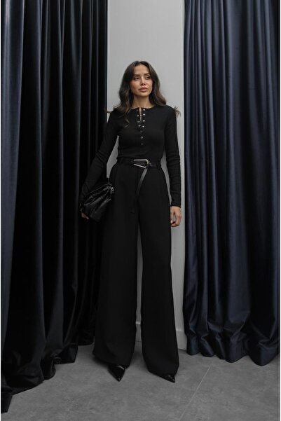 Havoş Black Wide Leg Belted Trousers