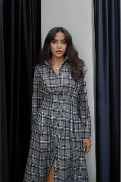 Havoş Navy Blue Plaid Shirt Dress