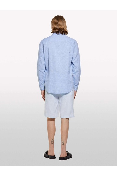 Sisley 100% Linen Slim Fit Bermuda Shorts Men's Blue Shorts - 325P4Aghs9010