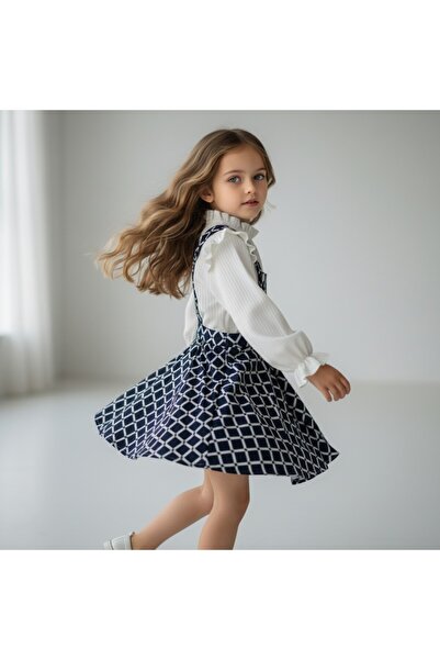 FESSHERA KİDS Girls' Geometric Patterned Suspender Salopet Gilet and Ruffle Detailed Long Sleeved Corded Fabric Blouse 2-Piece Set